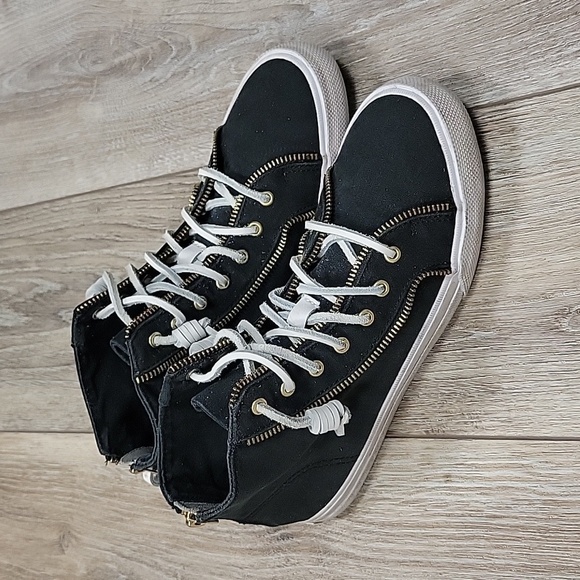 Sperry x Rebecca Minkoff Size 8 1/2 Black Washed Canvas High Top Sneaker - Picture 1 of 10